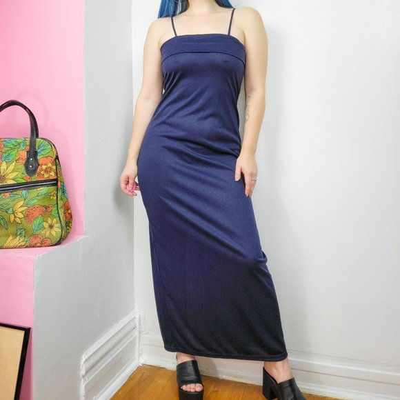 Vintage 90s Navy Glitter Spaghetti Strap Maxi Dress - Picture 1 of 8